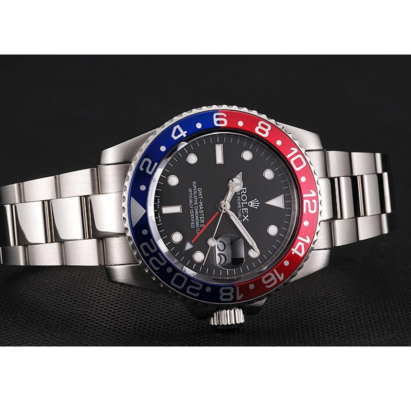 Aaa replica watch 1453751 Swiss Pepsi GMT II Rolex Bracelet Master Black Bezel Dial Steel Case Stainless And 0603